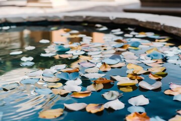 Floating petals drift peacefully on the water's surface in an outdoor fountain, creating a serene and colorful mosaic.
