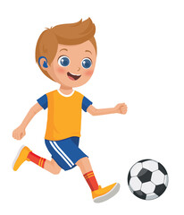 Smiling cartoon boy character with hearing aid playing football run with soccer ball isolated on white background.
