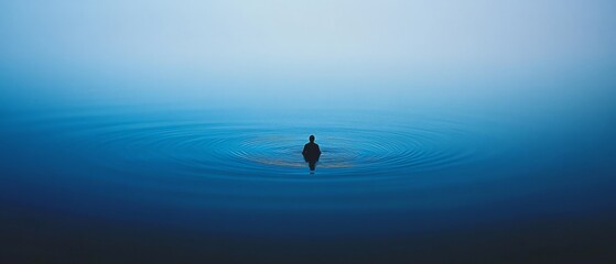Fototapeta premium A solitary figure stands immersed in rippling blue waters, creating concentric waves against a tranquil backdrop.