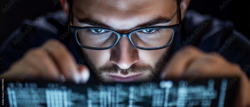 Wall mural intense concentration as a person studies code on a screen, illuminated by the soft glow of the comp