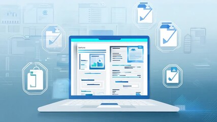 Healthcare Professional Reviewing Online Documents on Laptop Setup Generative AI - Powered by Adobe