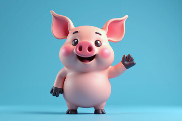 Fototapeta premium cute 3d cartoonish pig with a pink body, a large round nose, and expressive eyes. The pig has a joyful expression,