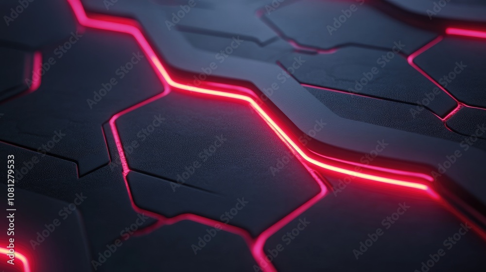 Poster abstract futuristic texture with glowing red lines, featuring hexagonal patterns and dark surfaces, 