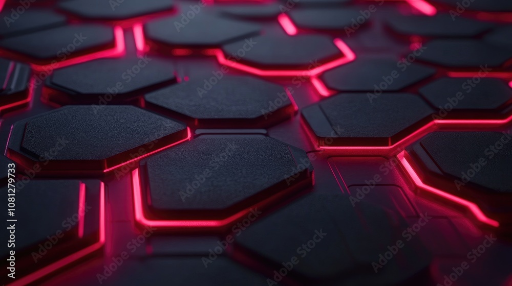 Poster abstract hexagonal pattern with neon red illuminations on black surface, creating a futuristic and d