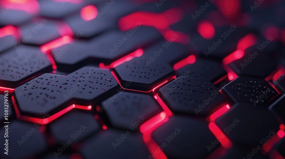 Poster abstract close-up of a black hexagonal texture illuminated by glowing red lights, showcasing intrica