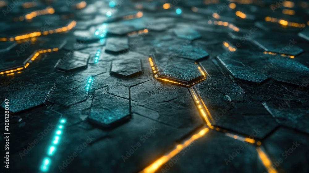 Poster futuristic hexagonal pattern with glowing lines on dark surface, abstract technology background for 