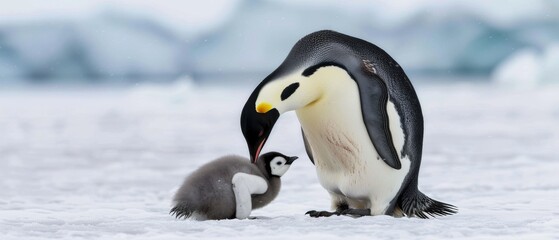 Fototapeta premium A tender scene of a penguin parent and chick nestled in snowy surroundings, showcasing the beauty of family in the wild.