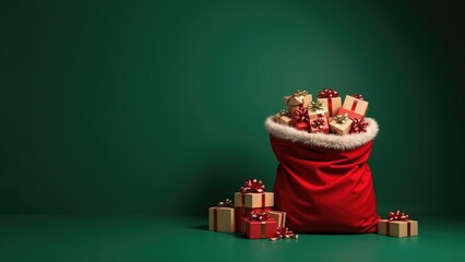 Festive red sack of gifts on a green background with text space. Perfect for holiday ads or Christmas greeting cards.