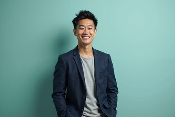 young Asian man with a medium build and a friendly smile. The background is a solid, light teal