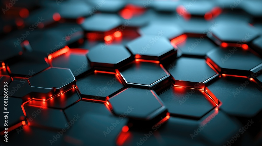 Poster intricate pattern of black hexagons with glowing red edges, creating a futuristic and abstract backg