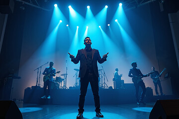 live concert featuring a man in a dark suit, standing at the center microphone, the bright blue spotlights.