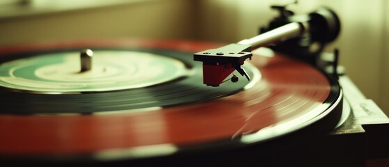 A spinning record on a turntable, captured in warm light, symbolizes the beauty of music and the charm of vintage audio technology.