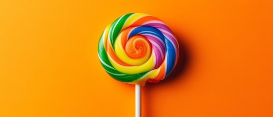 A colorful swirl lollipop with vibrant rainbow hues set against a bright orange background, evoking nostalgia and joy.