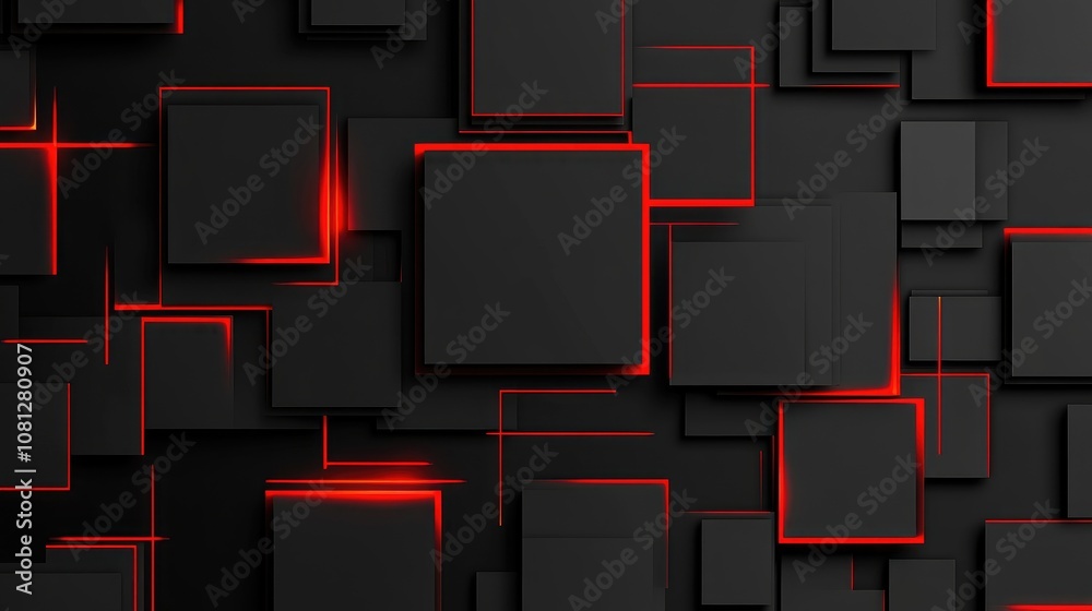 Poster abstract composition of black and red glowing squares creating a modern and dynamic background with 