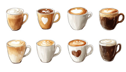 Coffee Cups With latte art Isolated On Transparent Background