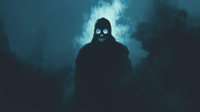 A shadowy figure with a skull face emerges from a dark mist. Phantasm. Illustration