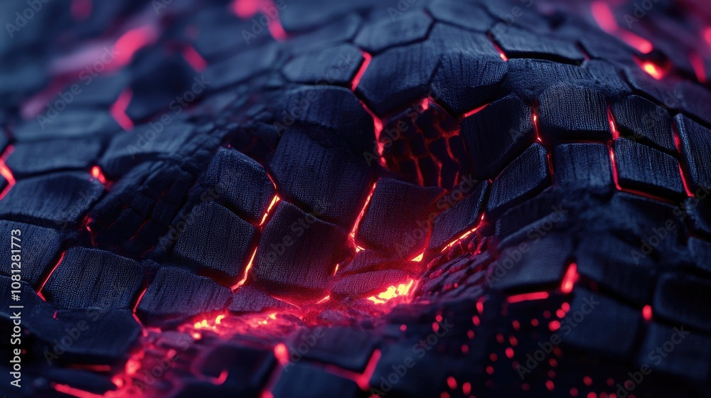 Poster abstract close-up of textured surface with glowing red accents and intricate hexagonal patterns, evo