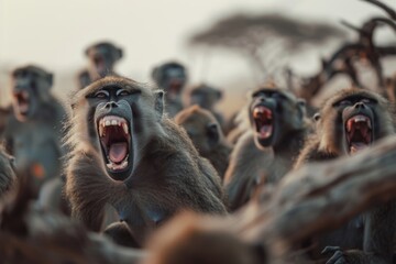 A troop of monkeys exhibits expressive behavior, caught mid-howl in an engaging display of the...