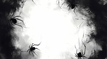 A spooky halloween background with black spiders and cobwebs surrounding a white space. Phantasm. Illustration