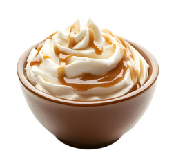 white whipped cream bowl caramel isolated white background