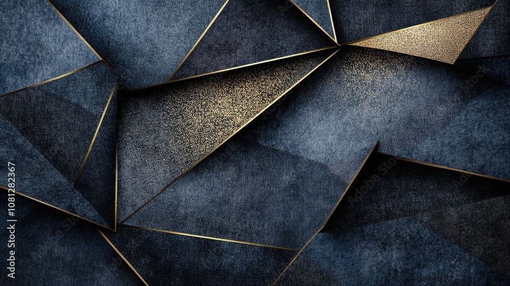 Poster abstract geometric blue and gold textured background with sharp edges and angular patterns creating 