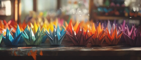 A vibrant array of origami lotus flowers in diverse hues is spread across a table, each reflecting creative finesse and handmade beauty.