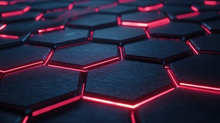 Futuristic Hexagonal Tile Pattern with Glowing Neon Edges on a Dark Surface, Ideal for Technology, Gaming, or Sci-Fi Backgrounds and Designs