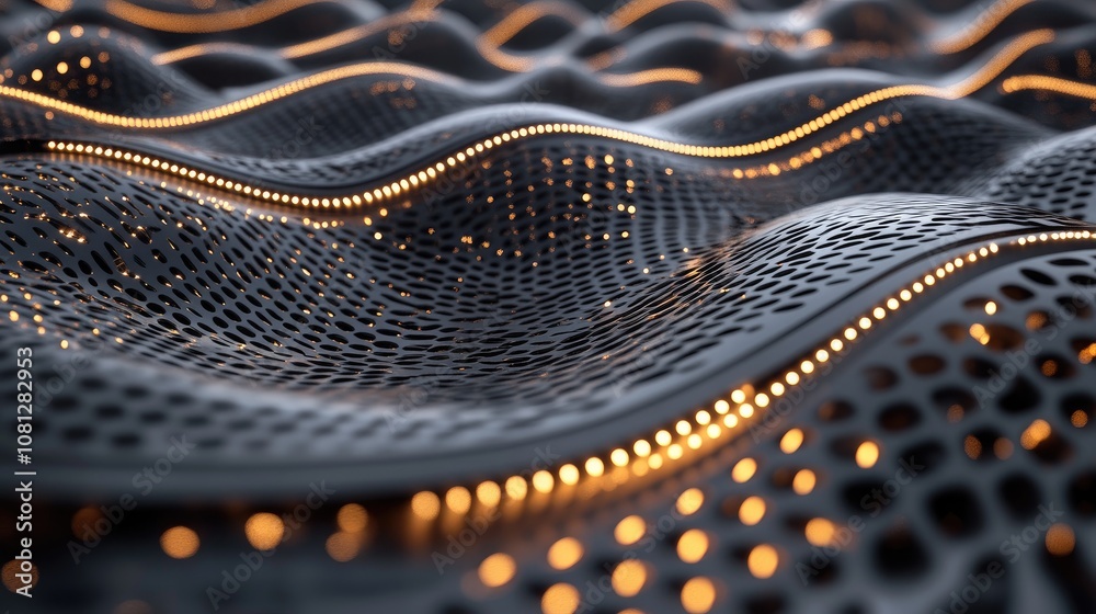 Poster Abstract Wavy Texture with LED Lights Creating a Hypnotic Pattern in Dark Environment, Showcasing Depth and Intricate Design Elements in Modern Art Style