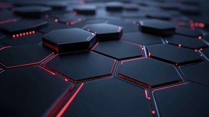 Fototapeta premium Abstract high-tech background featuring dark hexagonal panels illuminated with vibrant red lights, perfect for futuristic and digital themes in visual media projects.
