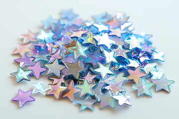 Fototapeta premium Holographic star confetti scattered naturally on white surface.