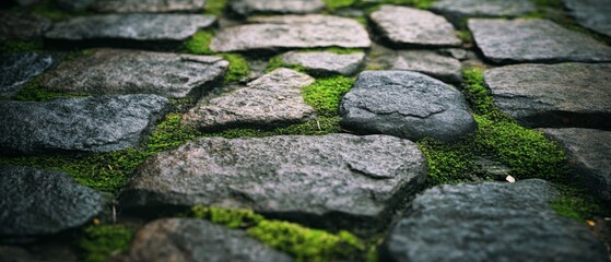 Aged cobblestone path adorned with lush green moss, capturing timeless charm and natural beauty.