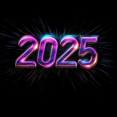 The year 2025 is displayed in bold, neon style digits against a black background with radiating streaks of blue, pink, and purple light.
