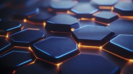 Fototapeta premium Futuristic hexagonal pattern with glowing edges and dark surface texture, ideal for tech backgrounds, digital designs, and modern abstract art projects featuring innovation and technology.
