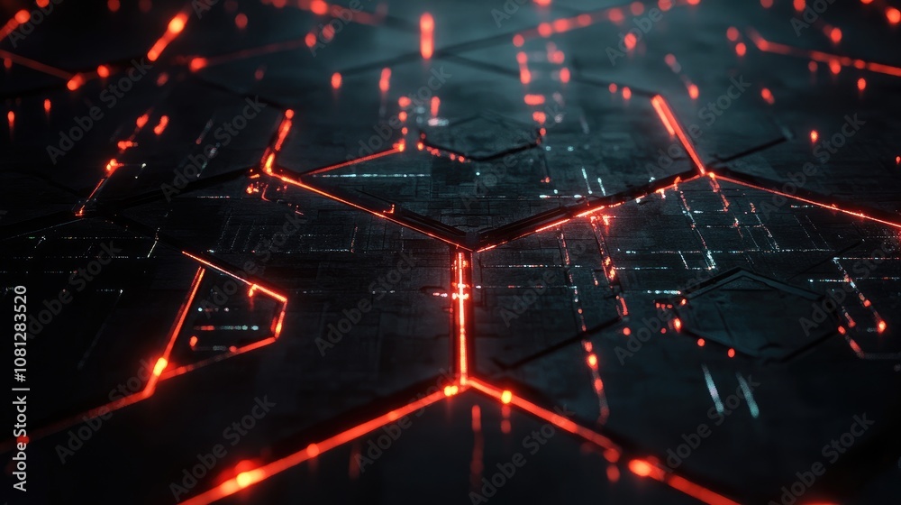 Poster abstract futuristic technology background with glowing red lines and hexagonal patterns, showcasing 