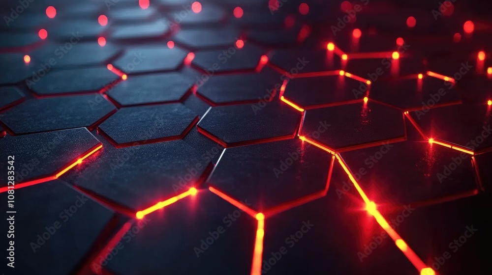 Poster Abstract close-up view of a dark hexagonal pattern illuminated with glowing red lines, showcasing high-tech design and futuristic concepts in a digital environment.