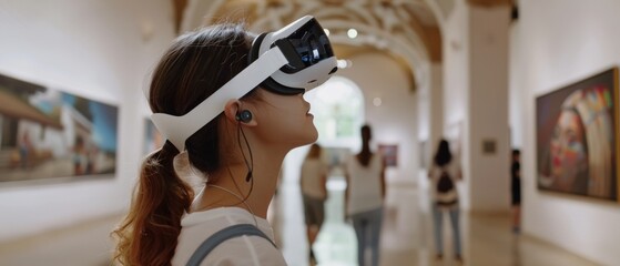 A person immersed in a virtual experience at an art museum, wearing a VR headset surrounded by art.