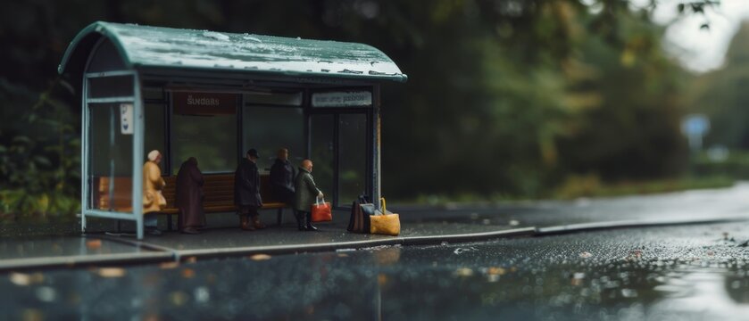A miniature world unfolds at a quaint, rain-dampened bus stop, with tiny figures waiting, echoing scenes of daily routine in a playful manner. - Powered by Adobe