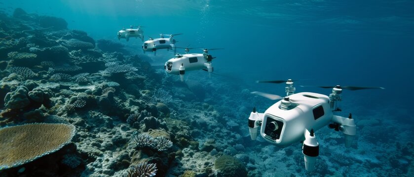 Six futuristic drones glide effortlessly through a vibrant coral reef, merging technology with marine exploration.