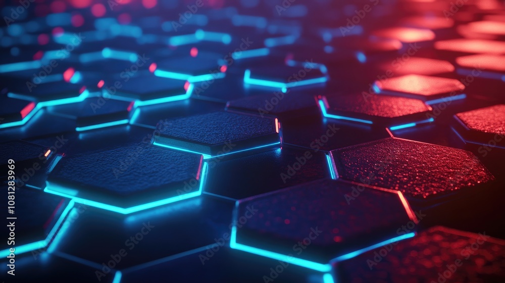 Poster abstract hexagonal pattern with neon lights featuring a futuristic blue and red glow on a textured s