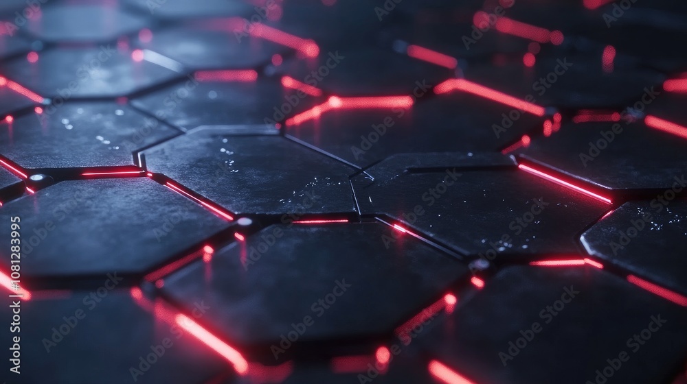 Poster futuristic neon hexagonal pattern with glowing red lines on a dark surface for abstract technology b