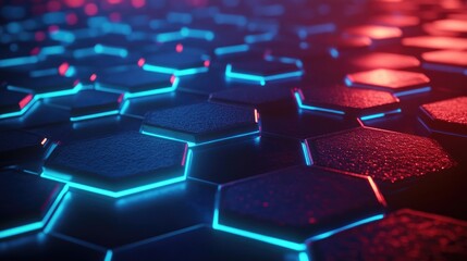 Fototapeta premium Abstract Hexagonal Pattern with Neon Lights Featuring a Futuristic Blue and Red Glow on a Textured Surface, Ideal for Technology and Science Projects