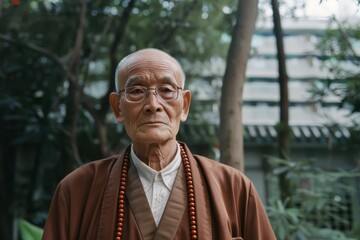 Fototapeta premium An elderly man with glasses and a serene expression stands in a lush garden, reflecting wisdom and tranquility.