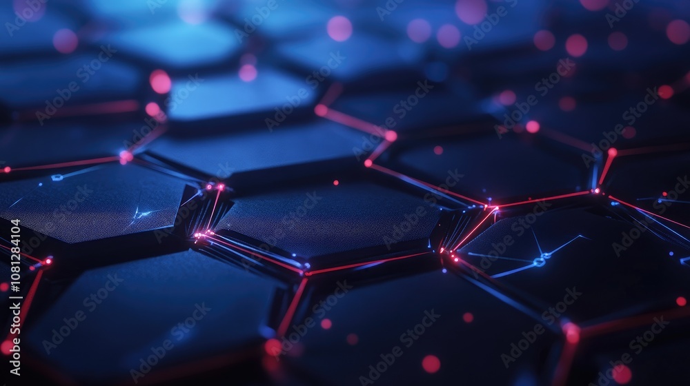Poster abstract close-up of futuristic honeycomb pattern with neon lights and bokeh effect for technology b