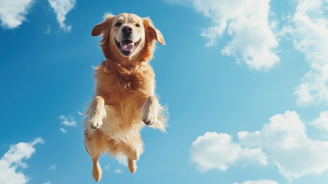 A joyful golden retriever leaps against a bright blue sky with clouds.