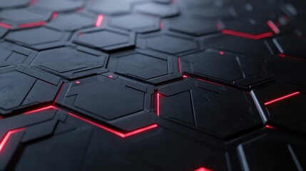 Fototapeta premium Futuristic Hexagonal Pattern with Glowing Red Edges on a Flat Surface, Ideal for Technology, Sci-Fi, and Abstract Backgrounds