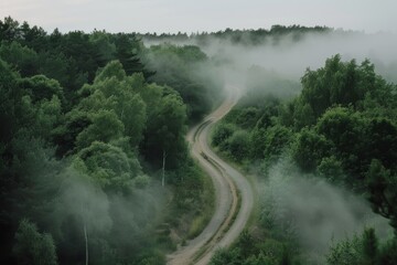 A winding road cuts through a misty green forest, evoking a sense of mystery and adventure amidst the fog-shrouded trees.