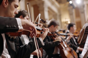 Fototapeta premium Close-up of a violinist in an orchestra, capturing the intensity and focus of classical music performance amid harmonious ambiance.