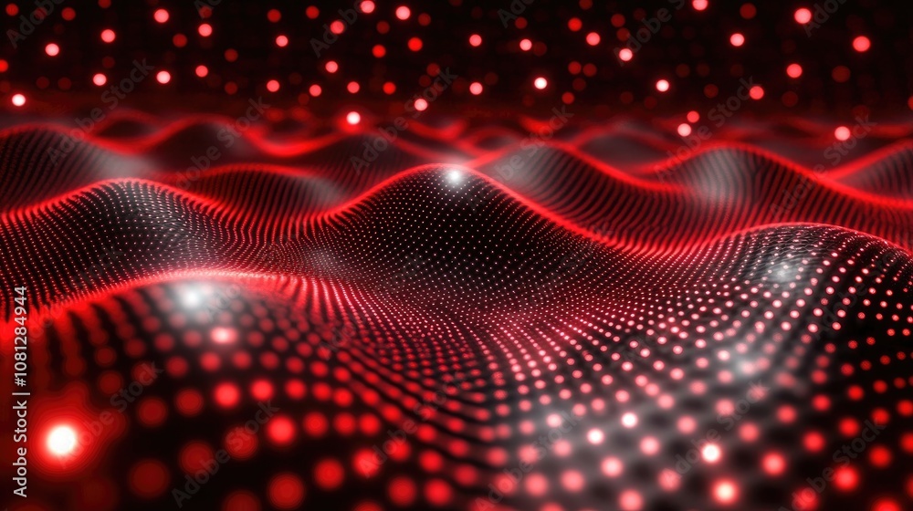 Poster abstract red wave background with glowing dots and soft curves creating a dynamic digital landscape,