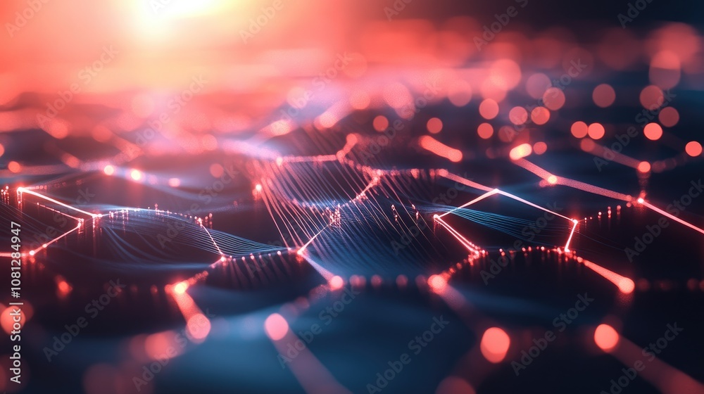 Poster abstract futuristic pattern of interconnected hexagonal shapes glowing in vibrant colors with a soft