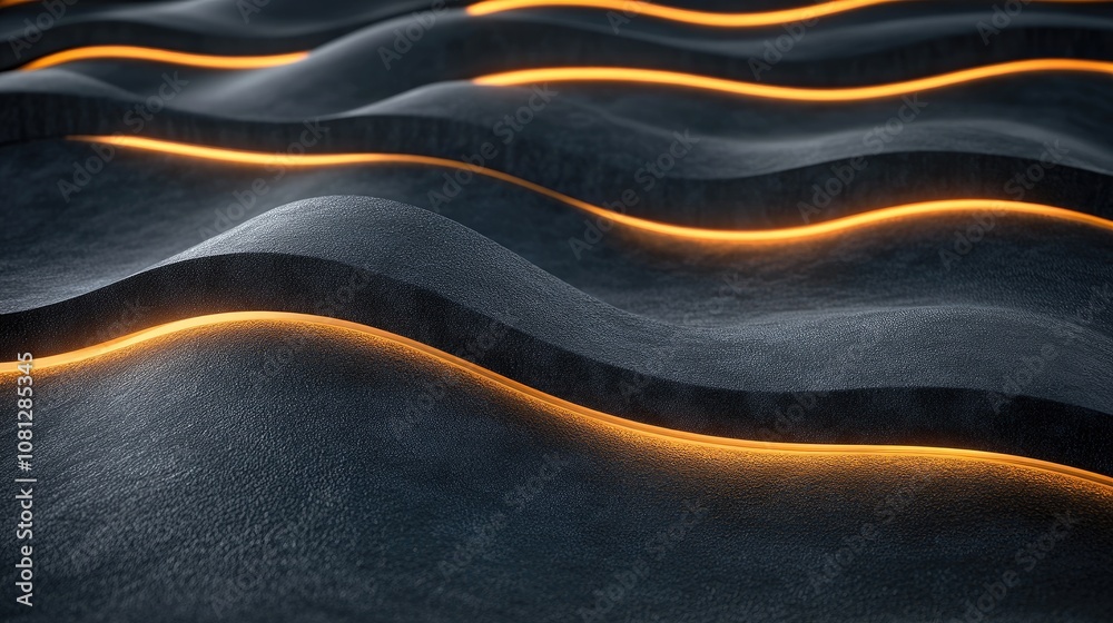 Poster abstract waves of dark texture illuminated by soft orange light, creating a mesmerizing visual effec